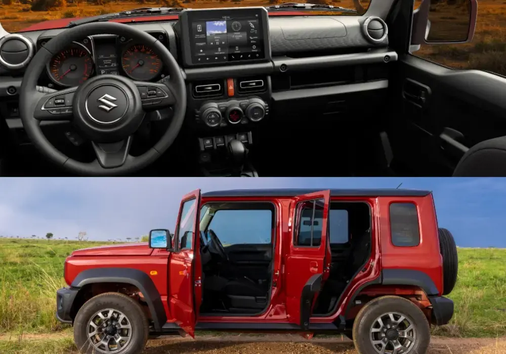 Vista interior y lateral de un SUV todoterreno Suzuki Jimny 5 Puertas