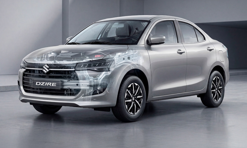 Auto sedán híbrido Suzuki Dzire con vistas al motor híbrido