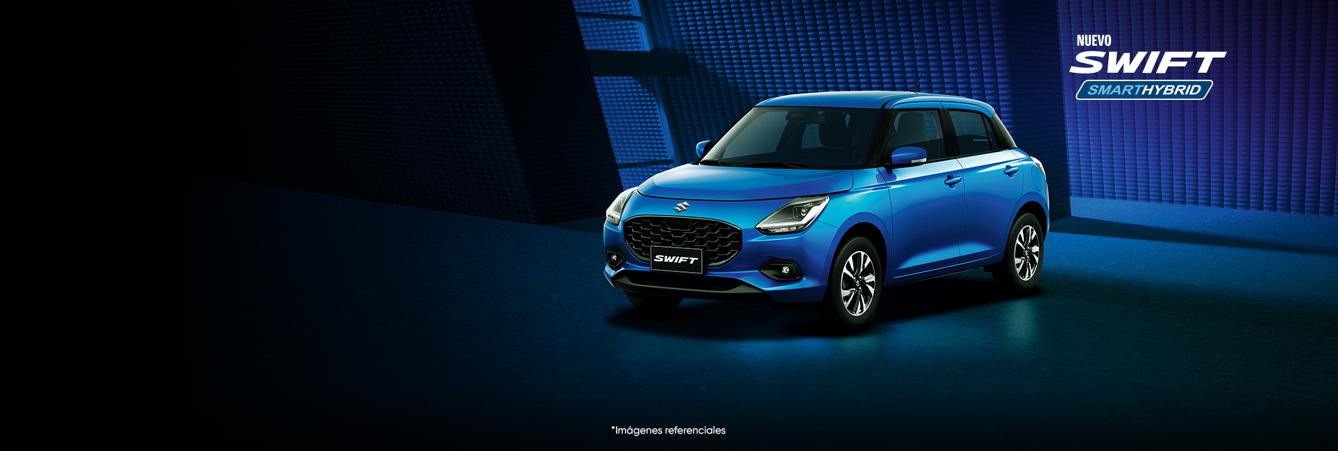 Suzuki Swift híbrido azul 2025 estacionado, visto lateralmente.
